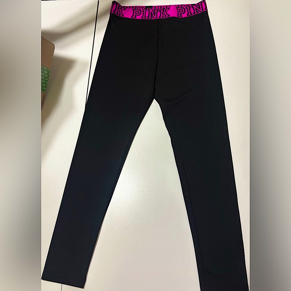 Victoria’s Secret PINK Full Length Black Hot Pink Logo Yoga Pants VS Leggings